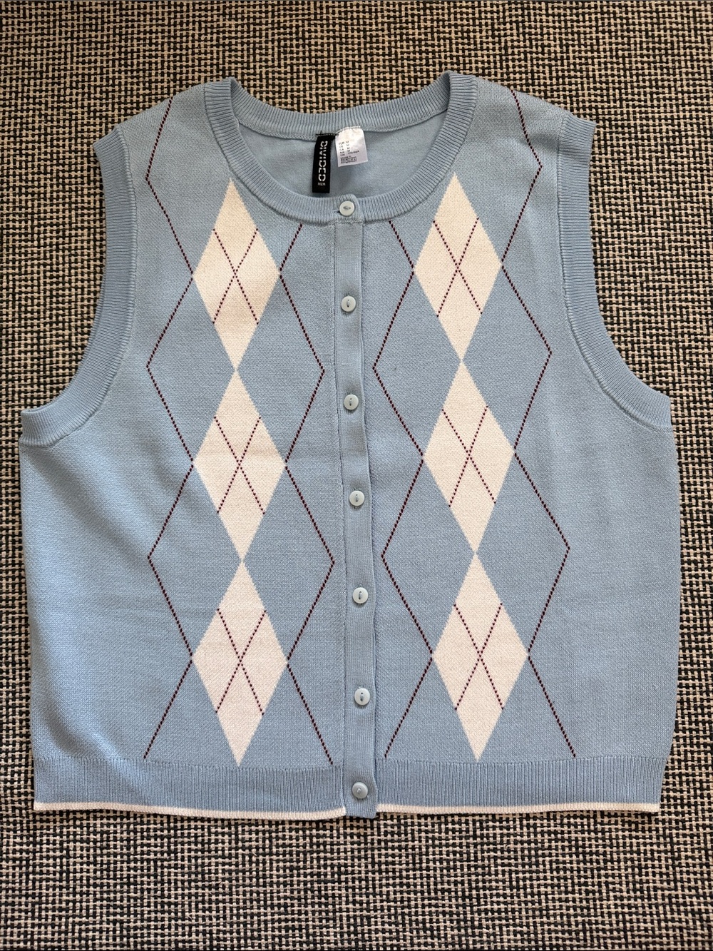 H&M Sleeveless Argyle Button-Front Knit Vest - Light Blue & White